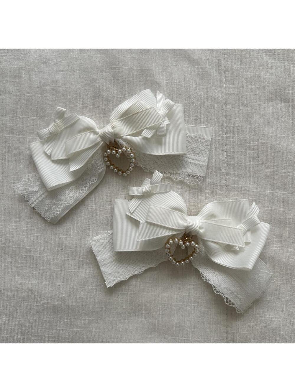 Ivory White Bow Hair Clip Set Lace Pearl Heart Ribbon Jirai Kei Japan